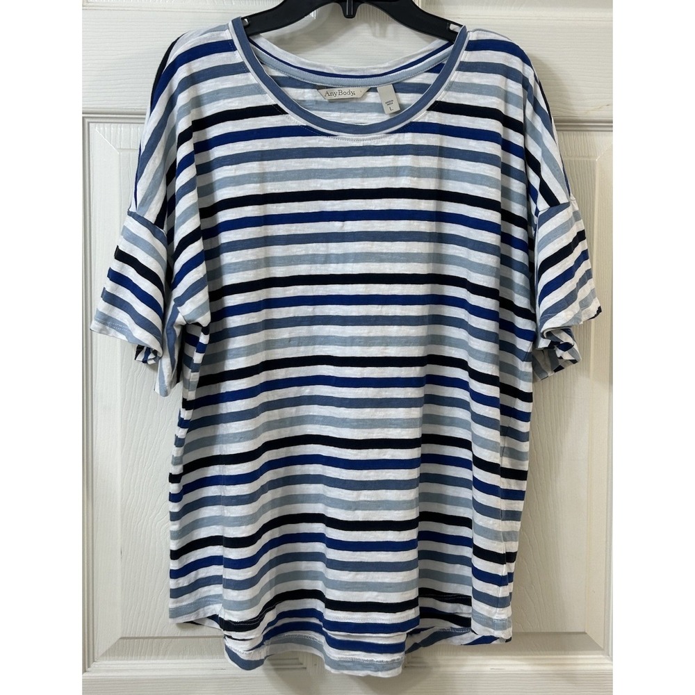 AnyBody Women's Top LG Short Flutter Sleeve Striped Knit T-Shirt Blue EUC